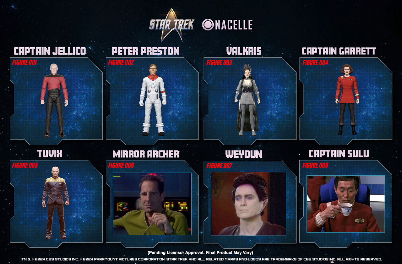 The first eight action figures from Nacelle: Captain Jellico, Peter Preston, Valkris, Captain Garrett, Tuvix, Mirror Archer, Weyoun, and Captain Sulu.