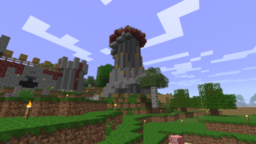 Screenshot of a cool, wizard-like tower built in beta-style Minecraft, mostly out of cobblestone but with a pointy Netherrack roof.