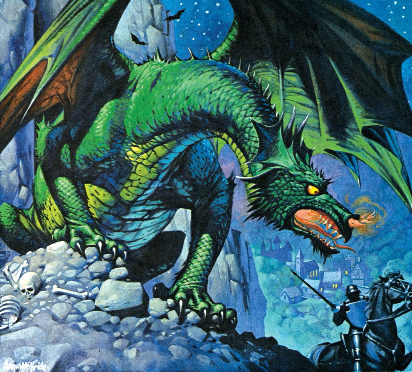 A large green dragon sits atop a pile of rocks and human bones, snarling at a knight on horseback passing by. The dragon has smoke and fire billowing from its nostrils. This scene appears to take place high atop a mountain, and in the background you can see the tiny village down below.
