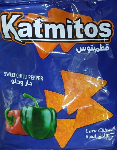 A bag of chips, with a design similar to doritos, but the main highlight, is the brand name, katmitos instead of doritos.