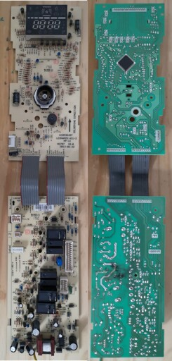Damaged two-parts motherboard of Whirlpool JQ280, seen from top and from bottom, labeled LEONARDO ACU-2 MP-UI M2787 V8.0