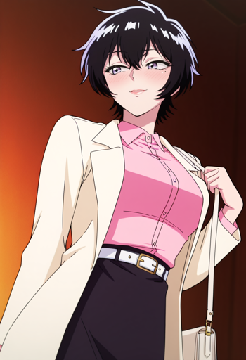 A woman with purple eyes and short black hair standing while looking toward the left. She wears a cream-colored coat over a pink button-down shirt tucked into a dark purple skirt with a white belt featuring a gold buckle, and she carries a white shoulder bag with a thin strap. The background consists of a dark brown wall lit by yellow lighting on the left. 