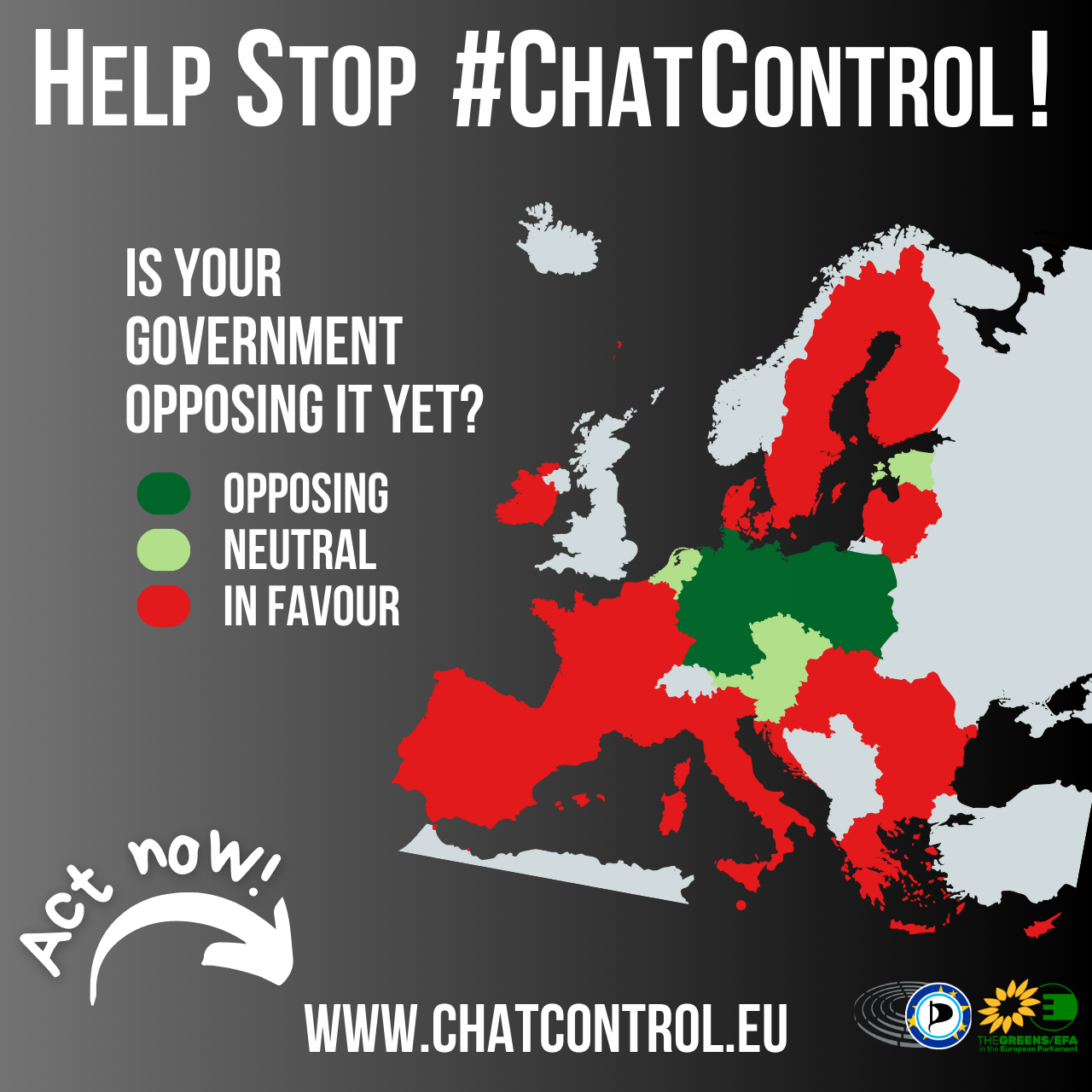 Eine Infografik gegen die Chatkontrolle mit einer Europakarte. Nur Deutschland und Polen lehnen die Chatkontrolle ab. Jetzt aktiv werden: www.chatcontrol.eu. Unterstützt von Grüne/EFA und den Eutopäischen Piraten.