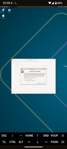 The welcome message of GnuCash on Xfce on Termux-X11