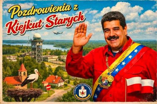 obrazek w konwencji kiczowatej pocztówki z tekstem "Pozdrowienia z Kiejkut Starych" i zdjęciem Maduro
