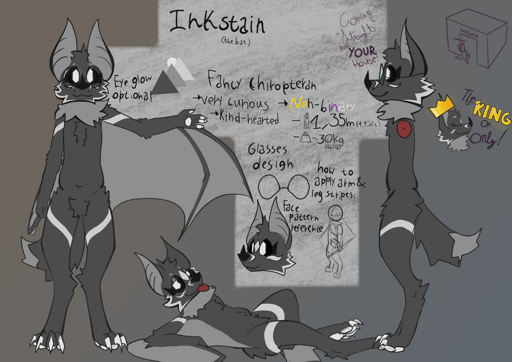 Reference sheet of Inkstain, a dark grey-furred anthropomorphic bat. Their face is patterned with the tips of their cheek fluff turning slightly white, and marks around their nose, under and between their eyes. Their eyes have an inverted color scheme, with a black sclera and an hexagonal, slightly glowing white pupil. On their body the only markings are on their forearms and thighs, white bands that wrap aroun in a shape that, when seen from the front with their arms on their sides, kind of resembles a rhombous. They bear a round pari of glasses with a slight indent to make space for their snout. They have fairly sharp claws and soft white toe beans.
There's also Tenna references in the ref sheet, I could not stop thinking about his intro while drawing