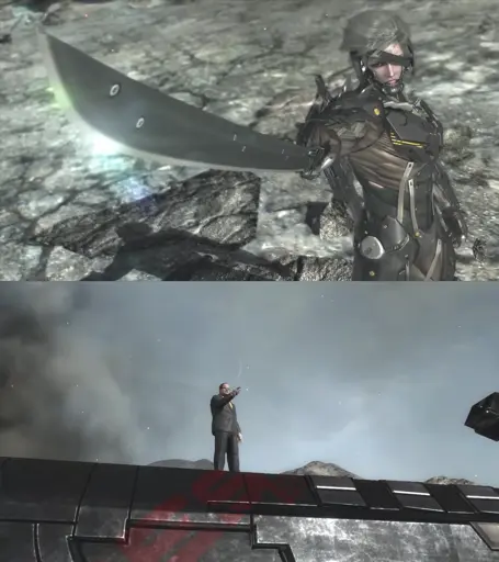 (Raiden from Metal Gear Rising pointing a sword to the left) (Armstrong on top of a machine, smoking a cigar)