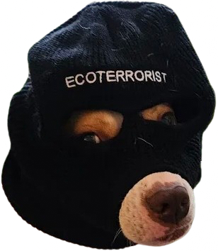 emoji candidate of dog wearing balaclava with word “ecoterrorist” sewn on forehead, transparent background
