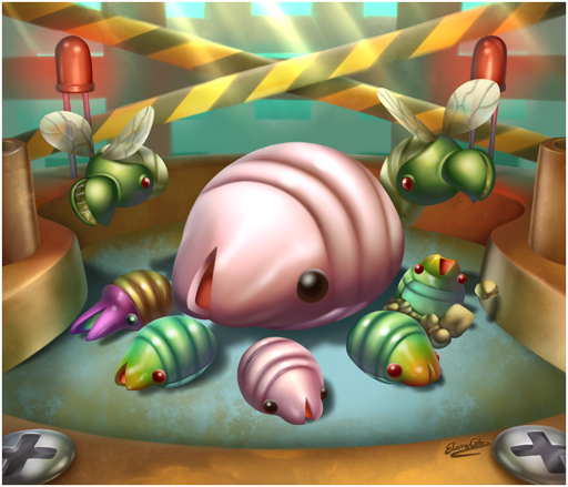 A huge mama sheargrub is in the middle, and a bunch of smaller sheargrubs surround her. There are two shearwigs flying above the mama sheargrub. The background is set inside of a metallic cave environment from Pikmin 2.