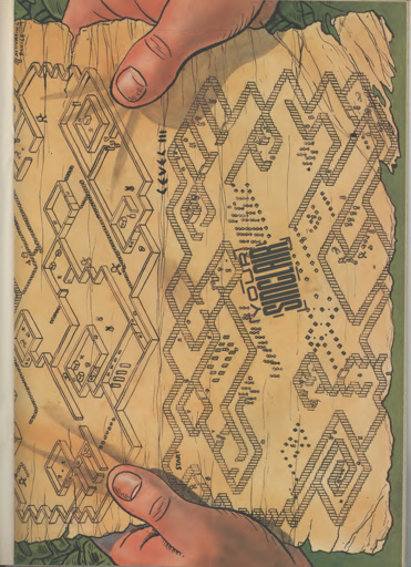 Alright, petal, picture this: two great big cartoon hands, like they've wandered off the telly, are holding up a tattered bit of what looks like stained parchment. It's all aged yellowy colour and crinkly at the edges from whoever sketched this map having sweaty palms. 

The map itself is a wonky, isometric maze, all zig-zaggy brickwork and bizarre rooms drawn in crude black lines. Scattered about inside are symbols - a little stick man getting hit by lightning, a cauldron, and loads of 'X' marks the spot. At the bottom is scrawled a legend and I'd hate to be the one trying to decipher it on my rubber-keyed wonder. This is how real Speccy owners used to game, before all the touchy-feely modern nonsense. And don't get me started on them Commodore and Amstrad owners!
