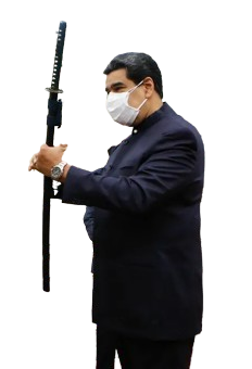 Nicolas Maduro holding a katana vertically by the sheath