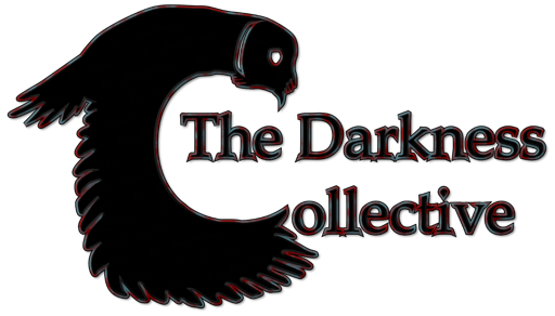 Text "The Darkness Collective" black fill with red & blue blotchy outline. The capital "C" in Collective is combined with the silhouette of an owl flapping its wings downward.