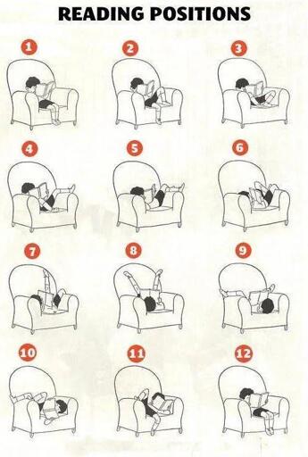 A comic showing a person in a big chair and using it for twelve diffrent readin positions.