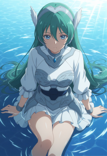 A young woman with blue eyes and long teal hair in sitting in a body of water with her hands resting on the surface. She wears a white, ruff-sleeved dress with a pleated skirt and light grey plate armor consisting of a breastplate, a dark blue belt, a gorget featuring a blue gemstone, matching wrist bracers and flauds, and a silver circlet with two white, upward-pointing feathered wings attached to the sides. The background consists entirely of bright blue water with white, rippling light patterns. 