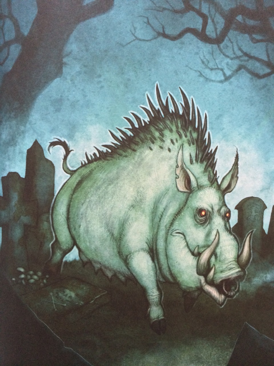 The Grave Sow, a large pig with glowing eyes and long bristles running through a graveyard at night