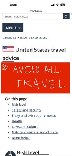 Travel advisory that says to avoid all travel to the USA