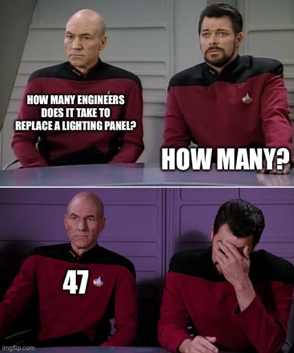 How many engineers does it take to replace a lighting panel?

How many?

47
